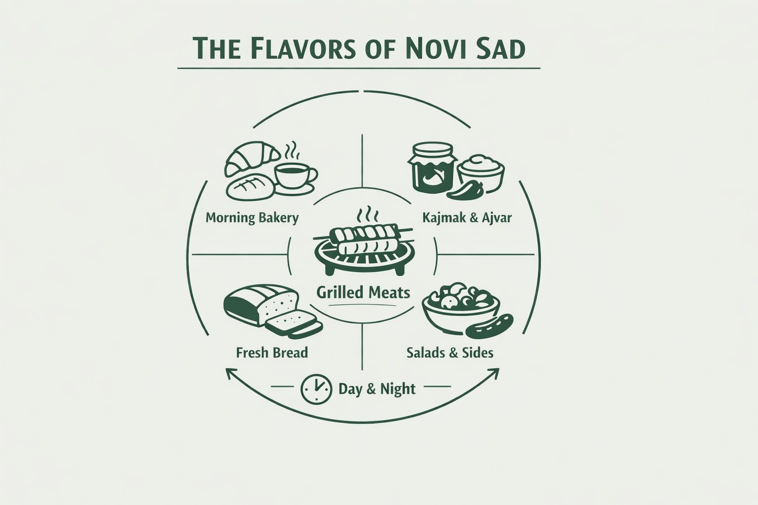 Circular infographic showing the core structure of food in Novi Sad with grilled meat at the center and bakery, kajmak, ajvar, and bread as supporting elements